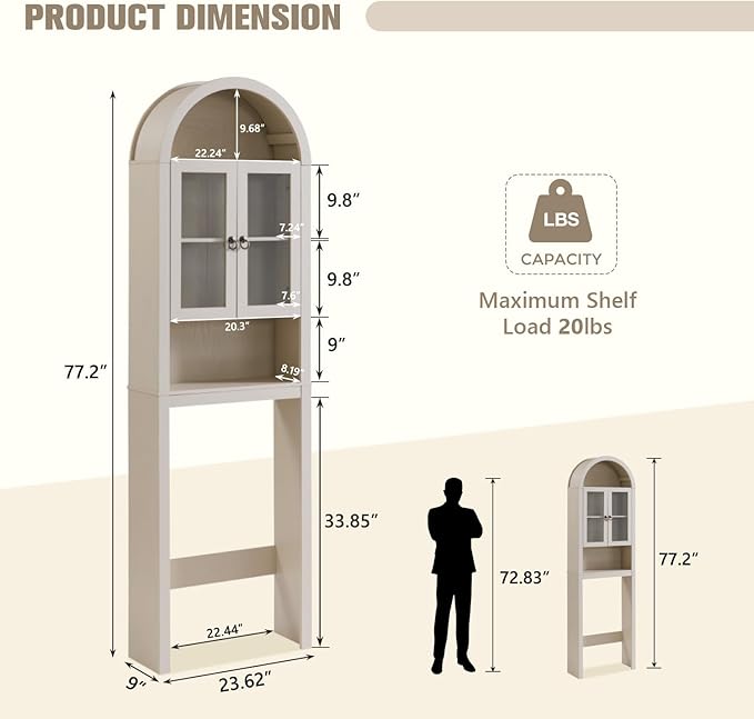 IFGET Arched Over The Toilet Storage Cabinet with Acrylic Doors, Modern Over Toilet Bathroom Organizer Shelf, Small Wooden Bathroom Storage Cabinet with Adjustable Shelf, Space Saver, Cream