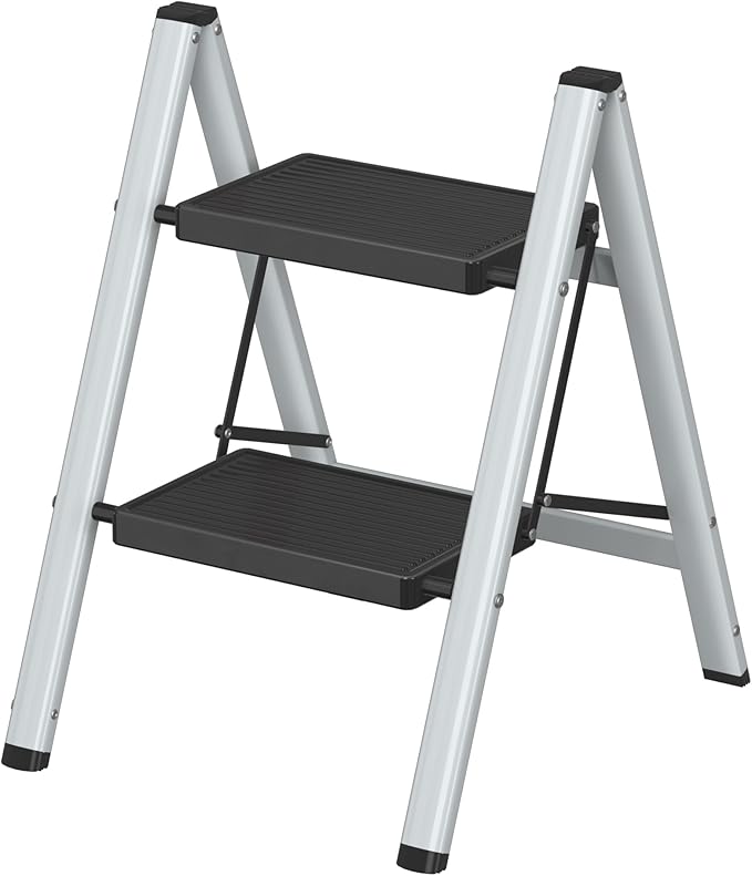 DIAMONDFORGE 2 Step Ladder, Lightweight Folding Step with Wide Anti-Slip Pedal & Feet, 330 lbs Capacity,Sturdy Steel Step Ladder for Home,Office and Library,Gray Black