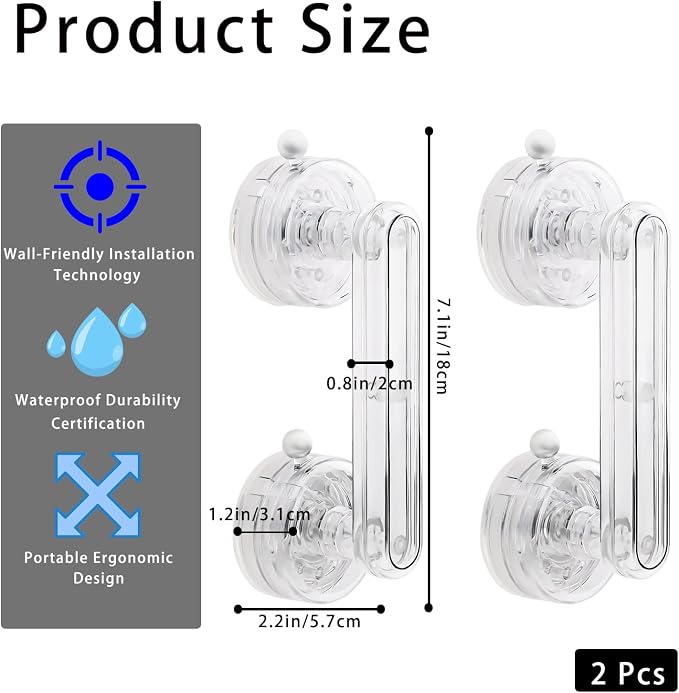 Transparent Non-Piercing Suction Grab Bar Heavy-Duty Waterproof Safety Handle for Bathroom, Shower Doors, Windows & Kitchen, Removable Handrails (2)