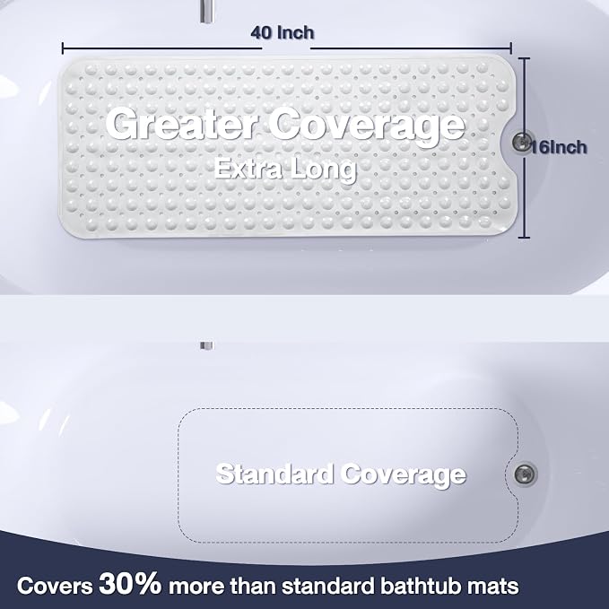 Extra Long White Bathtub Mat Non Slip, Soft Bath Mat for Tub 40 x 16 Inch Full Size, Bath Tub Shower Mats for Bathroom Floor, Big Suction Cups and Drain Holes, Easy Washable, BPA Free