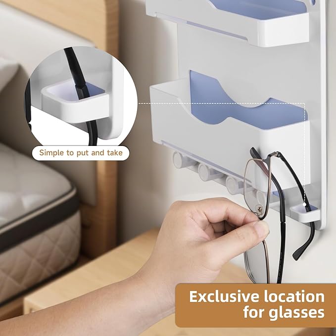Bedside Wall Shelf Organizer with Glasses Hook, Adhesive Floating Shelf for College Dorm Room Essentials, Cute Room Decor Aesthetic, Teen Girls Bedroom Storage for Phone Kindle Remote - White
