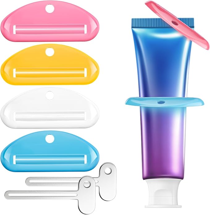 EVOULTES 6 PCS Toothpaste Squeezer, 2 Metal Tube Roller Squeezer with 4 Plastic Toothpaste Dispenser Hanging Toothpaste Key, Tube Squeezer Tool for Bathroom, Suitable for Toothpaste, Cosmetics, Paints