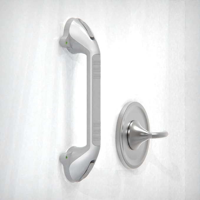 17-inch Suction Shower Grab Bar with Indicators, Tool-Free Installation, Steady Handle for Balance Assist for Bathtub,Bathroom,Toilet, Dual Tone Silver/Grey