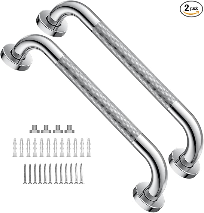 2 Pack 16 Inch Anti Slip Shower Grab Bar 1.25" Diameter,Munzong Stainless Steel Bathroom Grab Bar,Knurled Bathroom Balance Bar,Safety Handrail Support,Handicap Injury Elderly Senior Assist Bath Handle