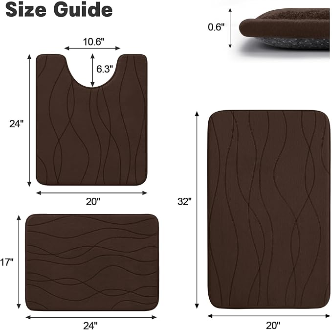 YIHOUSE Memory Foam Bathroom Rug Sets, Brown, 3 Piece | Ultra Soft, Absorbent, Non-Slip, Machine Washable