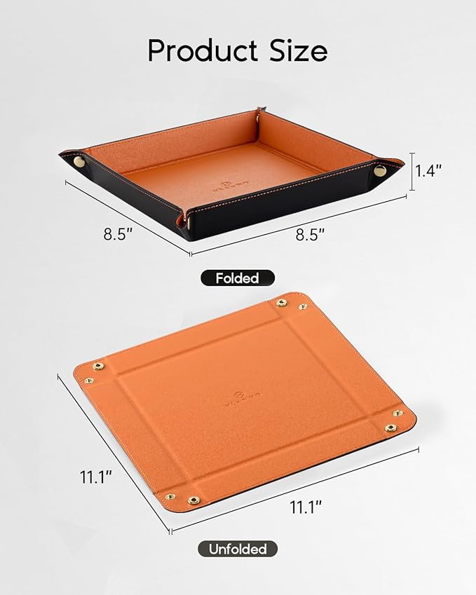 VLANDO Valet Tray for Men Women, Vanity Trays Catchall Tray for Dresser Top Desk Storage Bedside, Travel PU Leather Tray Jewelry Key Phone Coin Change Watches and Candy Holder Sundries Entryway Tray