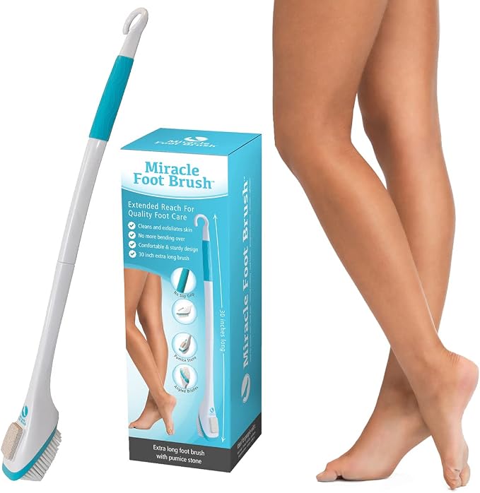 Miracle Foot Brush 30" w/ Scrubbing Pumice Stone and Shower Grip Handle with Hook. Wet/Dry Brush, Great for Seniors, Pregnant, Disabled, or Post surgery. 1000's sold
