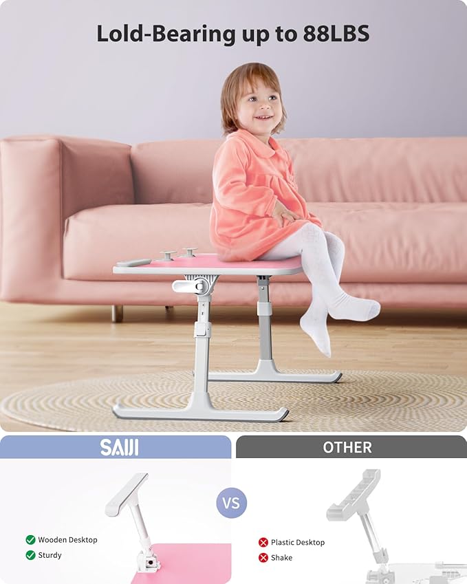 SAIJI Height & Angle Adjustable Laptop Stand for Bed, Lap Desk Bed Tray Table, Light Weight Foldable Portable Laptop Table for Couch Sofa Chair Floor Desk for Adults, Kids (Pink)