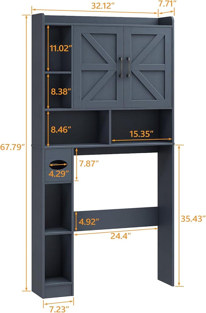 Vabches Over The Toilet Storage Cabinet, Farmhouse Storage Cabinet Over Toilet with 2 Barn Door & Toilet Paper Holder Stand，Home Space-Saving Toilet Rack, for Bathroom, Restroom, Laundry,Blue