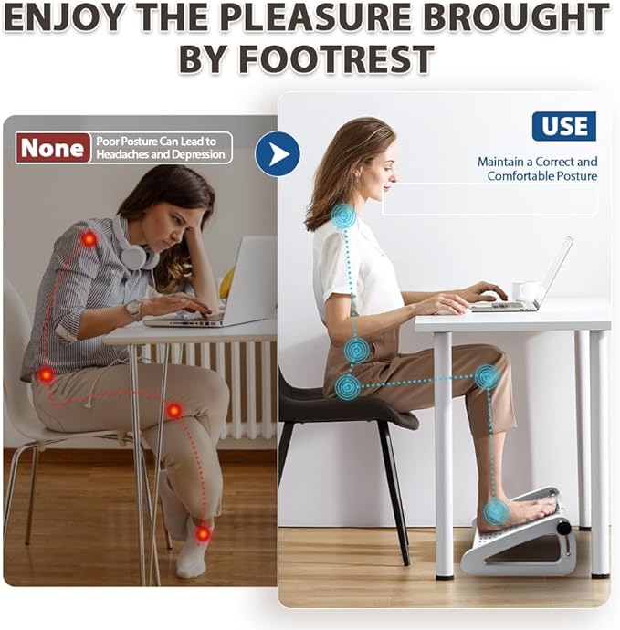 CasaZenith Foot Rest, Six Heights Adjustable Foot Rest for Under Desk at Work, Ergonomic Foots Stool for Under Office Desks, Under Desk Footrest with Foot Massage Roller, Chair Footrest - White