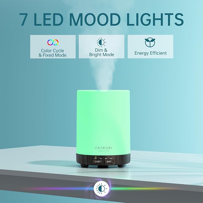 ASAKUKI Essential Oil Diffuser for Home, 300 ml Humidifier with Automatic Shut-Off, Quiet Aromatherapy Diffuser with 7 LED Lights for Living Room, Kitchen, Bedroom, Hotel - Black