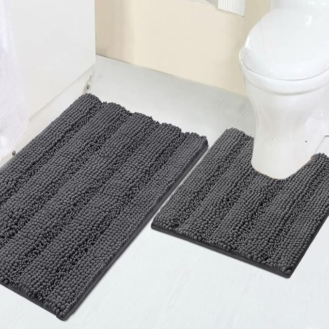 Turquoize Chenille Bathroom Rugs Set Non-Slip Bath Mats for Bathroom Super Absorbent Shaggy Rugs for Tub Shower Toilet Plush Bath Rug Plus U Shaped Rug (Standard: 20" x 32" and 20" x 20" U), Gray