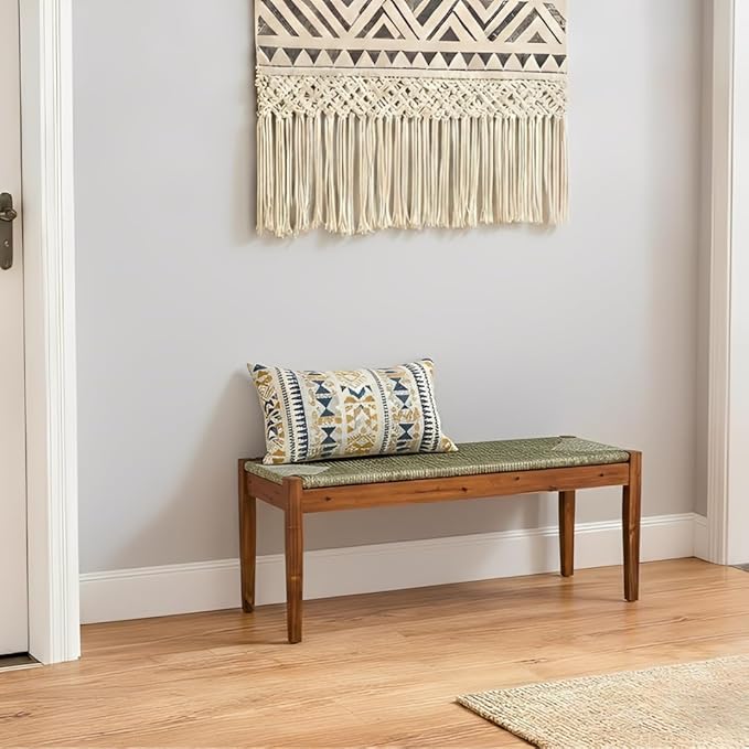 Solid Wood Acacia Indoor Bench with Natural Woven Seat, 45 Inch Wood Bench for Living Room or Entryway, Bedroom End of Bed Bench or Dining Benches, Window Bench