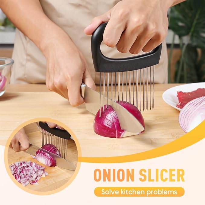 2025 New Onion Slicer Holder - Stainless Steel Meat Vegetable Slicer for Tomatoes, Lemons, Potatoes - Kitchen Gadget with Comfy Non-Slip Grip (1)