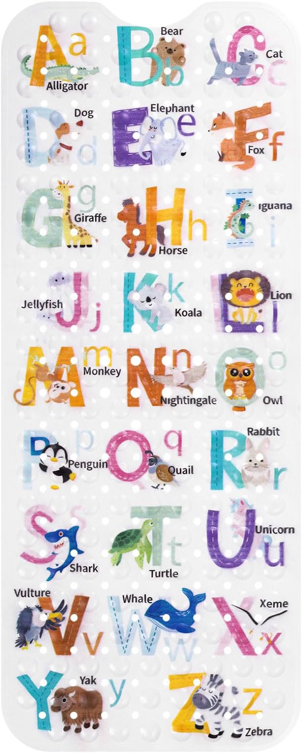 Topotdor Baby Bath Mat for Tub for Kids, 40 X 16 Inch Extra Long Toddler Bathtub Mat Non Slip, Machine Washable Bathroom Shower Floor Mat with Suction Cups & Drain Holes, Alphabet Animal