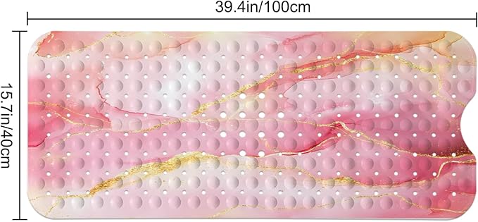 LNOND Marble Bath Tub Mat Non Slip, Extra Long 40 X 16 Inch Anti Slip Mat for Bathtub, Pink Gold Marble Shower Mat with Drain Holes and Suction Cups, Machine Washable