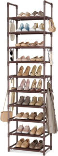 VTRIN 10 Tiers Tall Shoe Rack Holds 20-25 Pairs of Shoes Sturdy Vertical Shoe Organizer with 18pcs Hooks Stackable Narrow Shoe Rack for Closet, Entryway Brown