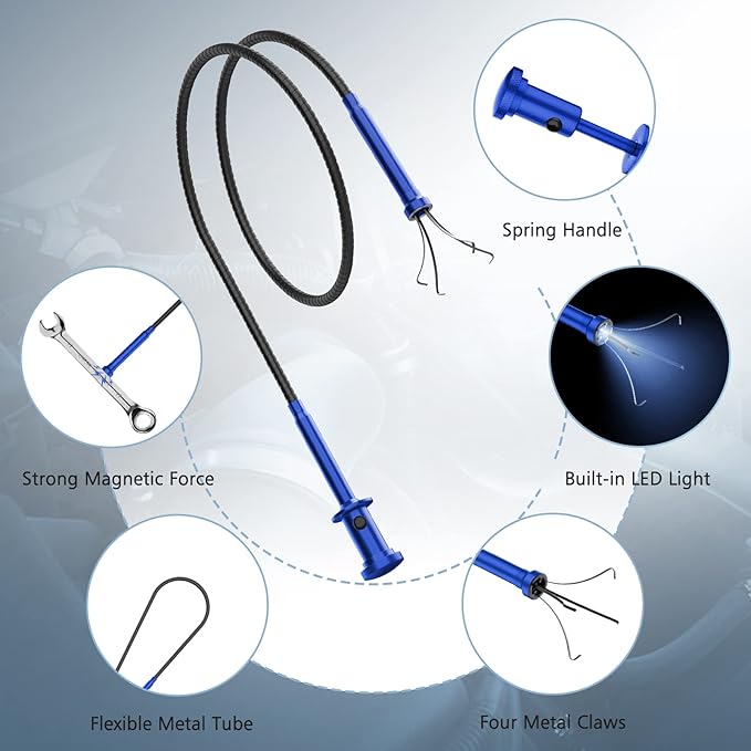 Housolution 28.34in Grabber Tool Magnetic Four-Claw Picker, Bendable Hose Reacher Pickup Sweeper with LED Light Battery, Flexible Long Handy Reaching Assist Tool for Litter Pick/Home Sink/Drain, Blue