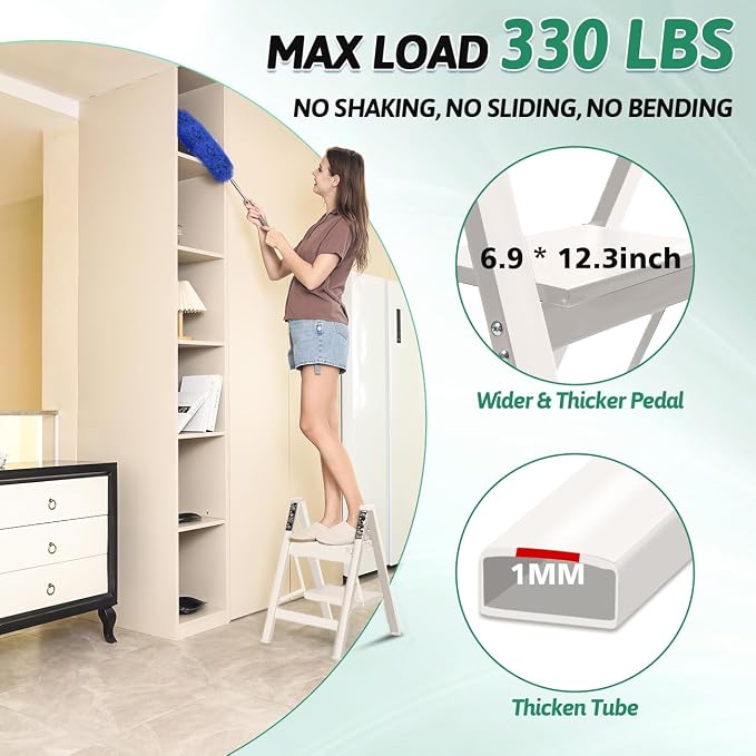 2 Step Ladder Folding Step Stool, Heavy Duty 330 Lbs Load Stepladder, Small Kitchen/Closet Ladder for Adults/Kids, Lightweight Step Ladder 2 Step Folding with Anti-Slip Wide Pedal for Home Off White