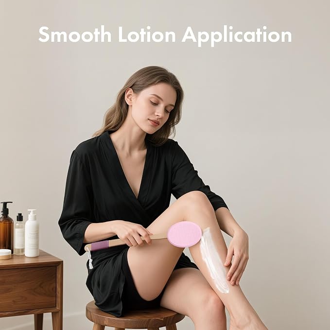 AmazerBath Lotion Applicator for Back, Feet, 4 Replaceable Pads with Long Handle, Back Sunscreen Applicator for Elderly, Women, Apply Cream Medicine Skin Cream Moisturizer Sunscreen Tanner, Pink