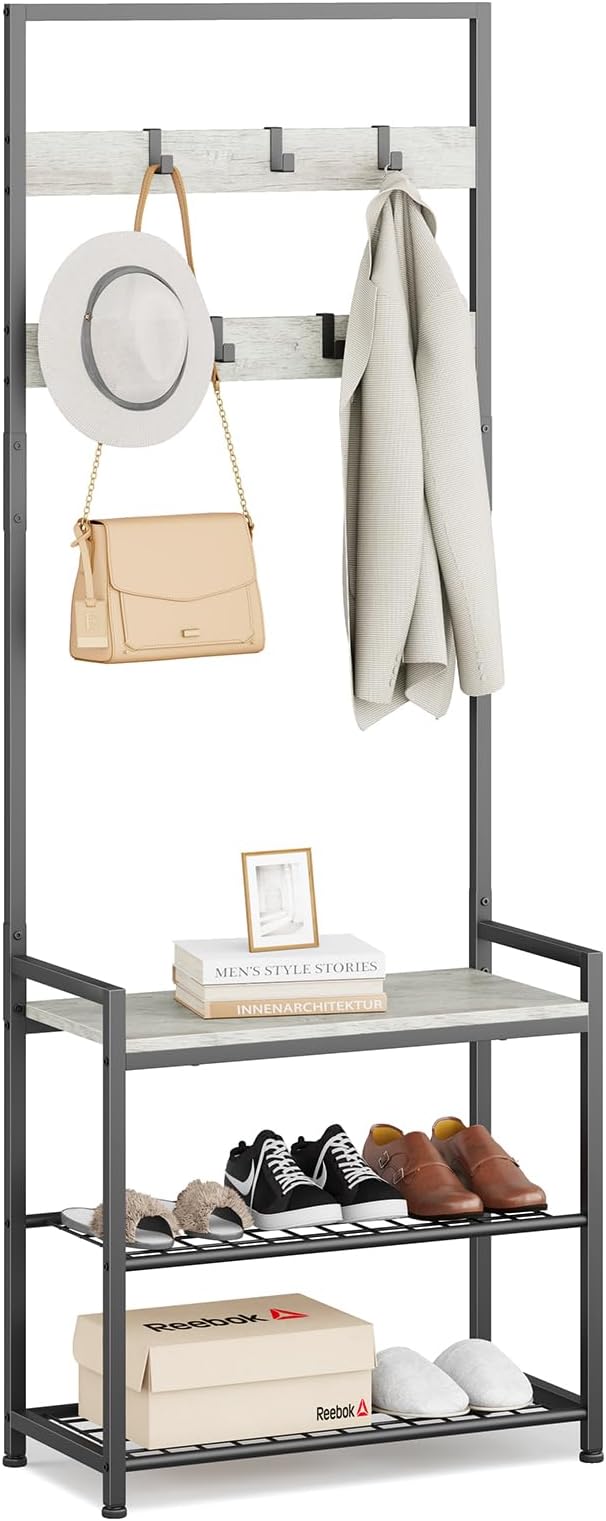 Hall Tree with Shoe Storage Bench - Entryway Bench with Coat Rack and Hooks - 3-in-1 Small Hall Tree for Entry Way, Entrance, Hallway, Doorway, Front Door, Mudroom, Small Space - Greige