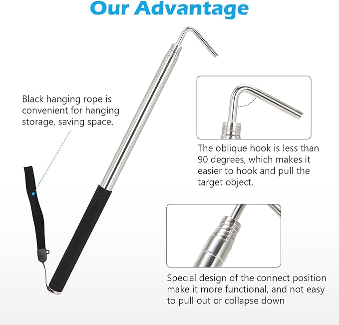 RV Awning Rod Opener Easy Reach Telescopic Puller 13-3/4" to 44-3/4" Stainless Steel Silver & Black - 2pack
