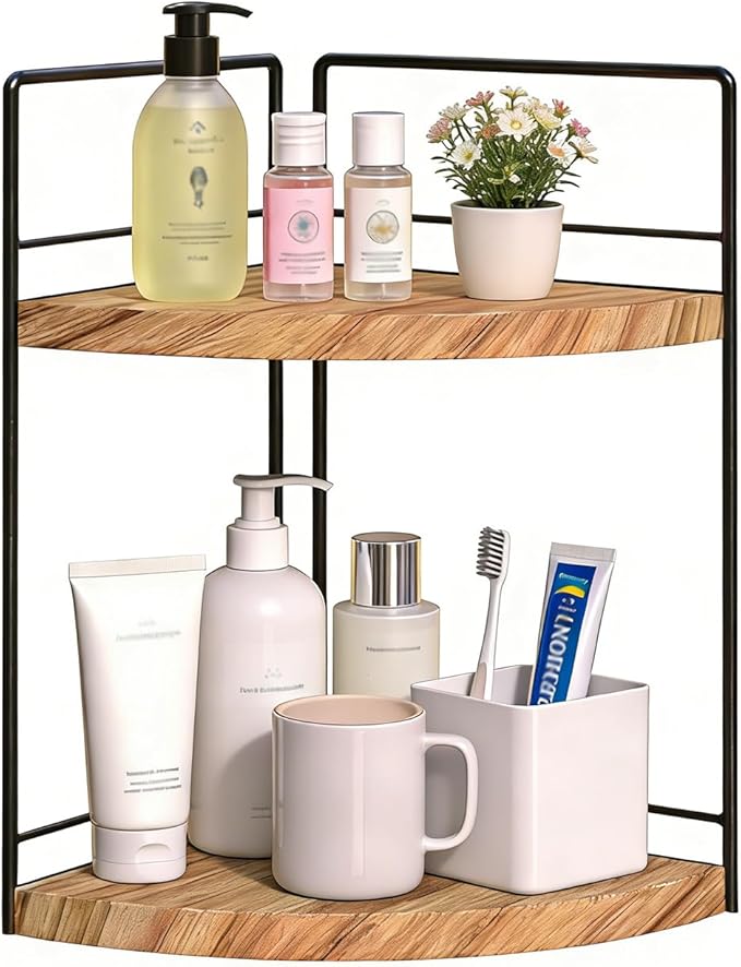 2 Tier Bathroom Counter Organizer,Bathroom Countertop Organizer, Wood Vanity Organizer Corner Shelf,Makeup Tray for Perfume Skincare Bedroom Kitchen Corner (2 Tier,Yellow)