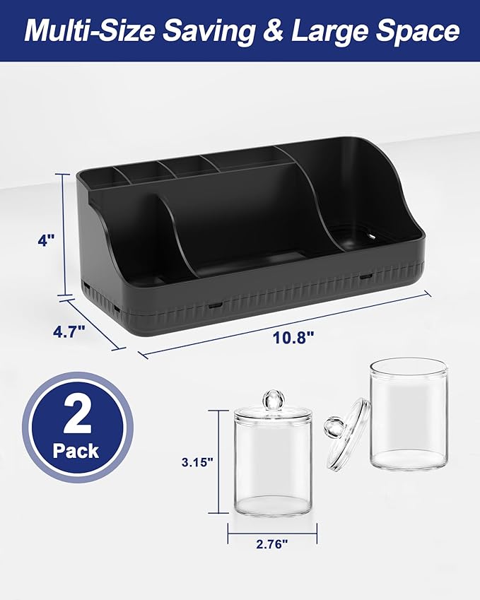 Bathroom Counter Organizer and Storage with 2 Pack Qtip Holder Dispenser, 7 Slots Detachable Toothbrush Holders for Bathrooms, Anti-Slip Electric Toothbrush and Toothpaste Holder Countertop