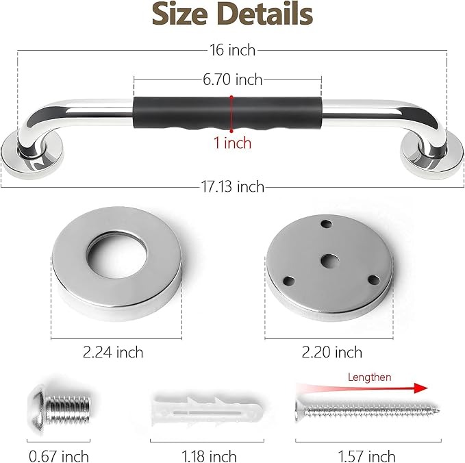 2 Pack Grab Bars for Showers 16 Inch Anti Slip, Shower Grab Bars for Seniors, Handicap Grab Bars for Wall Bathroom, Safety Bath & Shower Handles for Elderly, Tesuchan