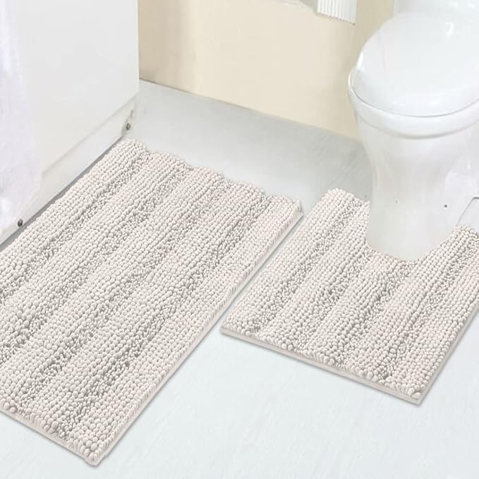 Turquoize Chenille Bath Rugs Shaggy Bathroom Rugs Non Slip Bath Rugs for Bathroom 20 x 32 and 20 x 20U Ivory Bath Rug Extra Soft and Absorbent Area Rug, (20" x 32" and 20" x 20"U), Ivory