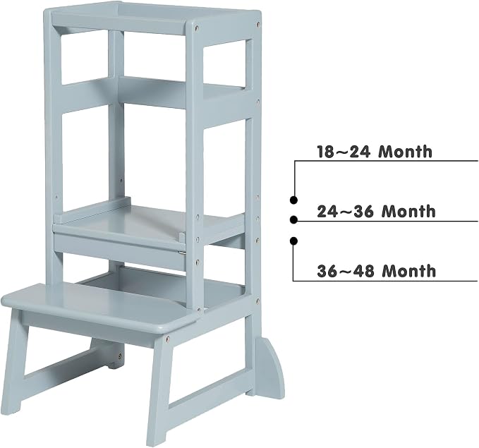 SDADI Kitchen Step Stool for Toddlers and Kids Ages 18 Months to 3 Years Old with Adjustable Height and Solid Wood Railings, Gray