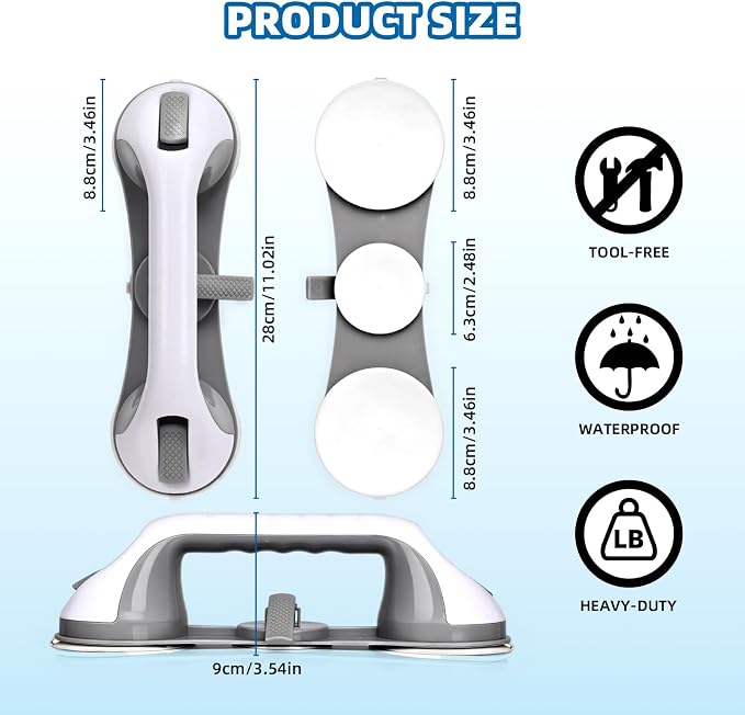Grab Bars for Bathtubs and Showers, 2 Pack No-Drill Suction Shower Handles with 3 Suction Cups, Removable Bathroom Safety Balance Bars for Seniors, Smooth Tile & Glass, Gray