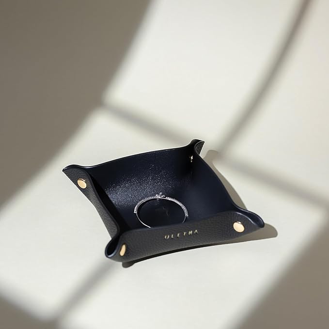 OLETHA Small Foldable Valet Tray - Aesthetic Desk Organizer for Home, Office & Travel - Portable Catch All Bowl for Keys, Jewelry & Essentials - Black