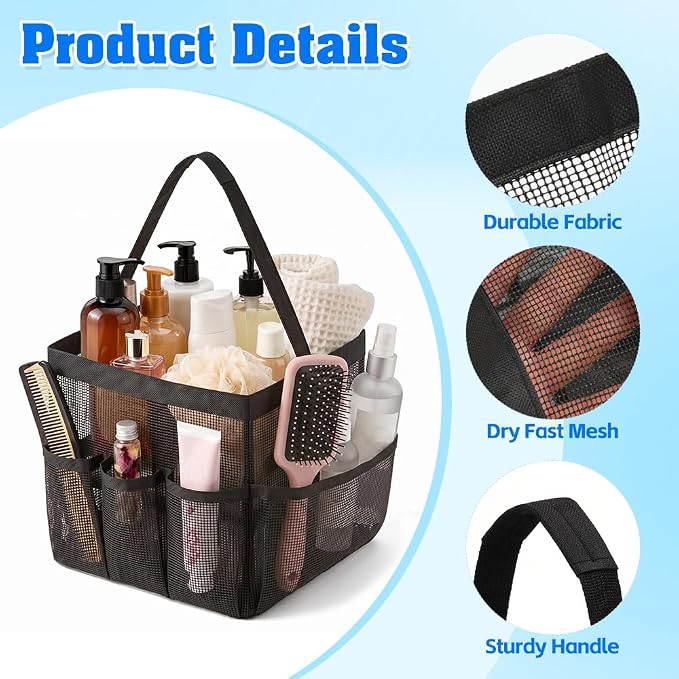 Mesh Shower Caddy Portable for College Dorm Room Essentials, Large Capacity Shower Caddy Dorm Bag with 9-Pockets, Quick-Dry Toiletry Organizer for Gym Beach Camping Travel Bathroom, Black