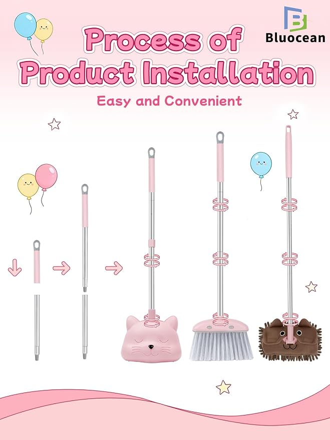 28'' Kids Mini Broom with Dustpan & Mop Set - Toddler Cleaning Toy, Toddler Household Helper, Parent-Child Interactive Play Cleaning Tool, Cute Cartoon Design, Small Safe Corner Broom (Pink)