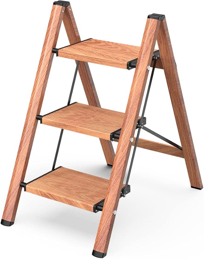 3 Step Ladder, Aluminum Folding Step Stool with Anti-Slip Sturdy and Wide Pedal, Lightweight Portable Stepladder for Home and Kitchen Use Space Saving, Woodgrain, 330 lbs