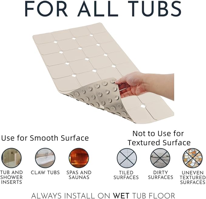 Bathtub Mat Non Slip 15" x 28" Silicone Foldable Tub Mat with Strong Suction Cups & Large Drain Holes, Durable & Eco-Friendly, for Smooth Surfaces, Ideal for Seniors, Adults Beige