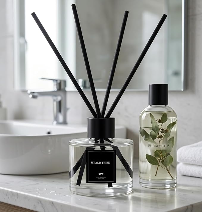WEALD TRIBE Reed Diffuser Set of 3 for Bathroom Air Fresheners, Oil Defusers Sticks | Bamboo, Sage & Sea Salt, Sandalwood Ebony Scent(1.7 fl oz Each Pack) Home Fragrance with 12 Sticks | Shelf Decor