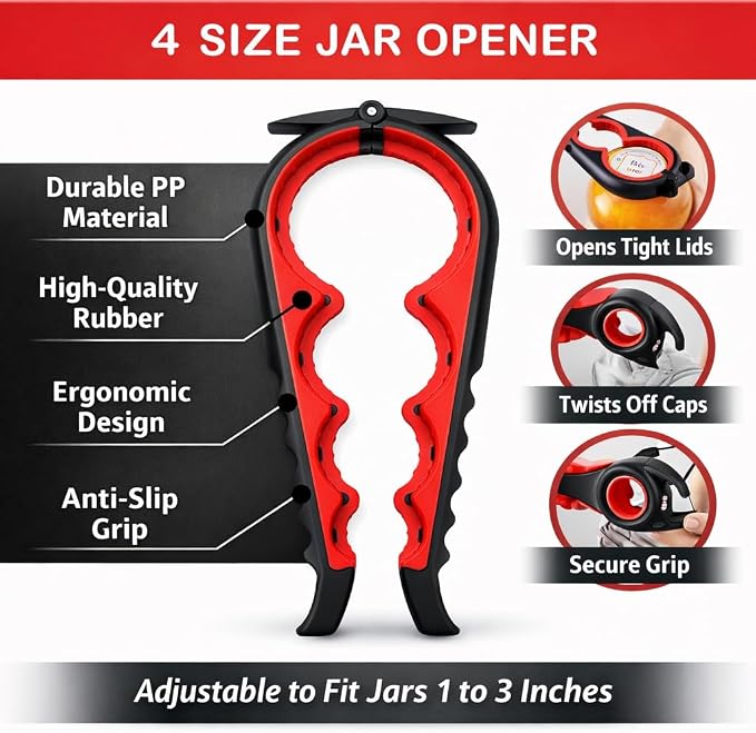 4-in-1 Multi-Function Bottle Opener Set for Jars, Bottles and Wine with Non-Slip Grip (Black + Red)