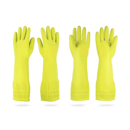 DABOGOSA Mamison 2 Pairs Reusable Waterproof Household Dishwashing Cleaning Rubber Gloves, Non-Slip Kitchen Glove (Green, Medium (Pack of 2))