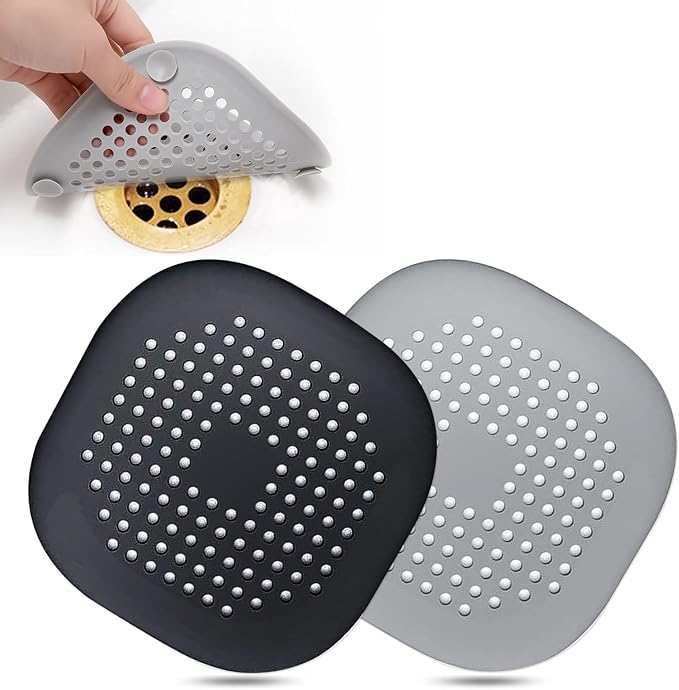 Hair Drain Catcher,Square Drain Cover for Shower Silicone Hair Stopper with Suction Cup,Easy to Install Suit for Bathroom,Bathtub,Kitchen 2 Pack (Sliver Grey Black)