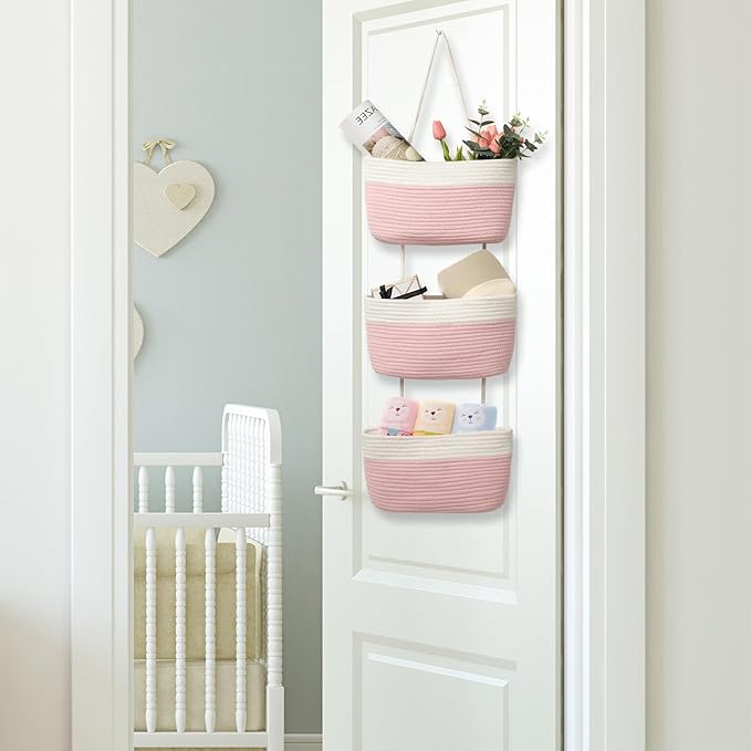 TeoKJ Over the Door Hanging Basket, 3-Tier Woven Cotton Wall-Mounted Storage Organizer Bag Decorative Hanging Nursery Baskets, Pink & White