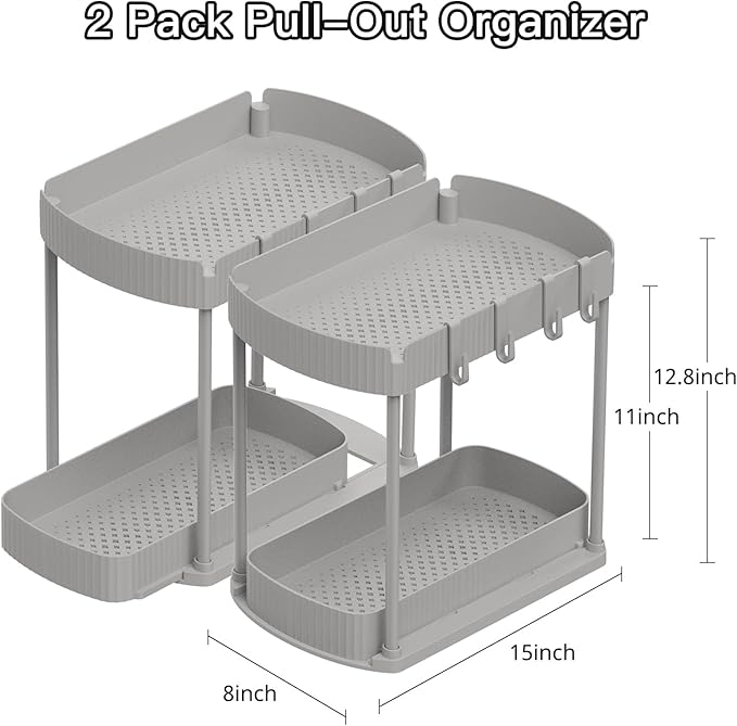 Ukeetap 2 Pack Multi-Purpose Pull-Out Storage Organizers, Under Sink Organizers and Storage for Bathroom & Kitchen, Under Cabinet Organizers and storage, 12.8 Inch, Grey