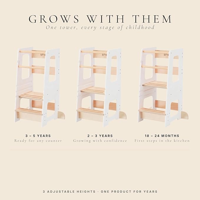 Toddler Tower for Kids, Adjustable Wooden Standing Tower & Kitchen Step Stool, Anti-Tip Montessori Tower with Removable Safety Rails & Non-Slip Steps - Sustainable Reclaimed Wood (White)