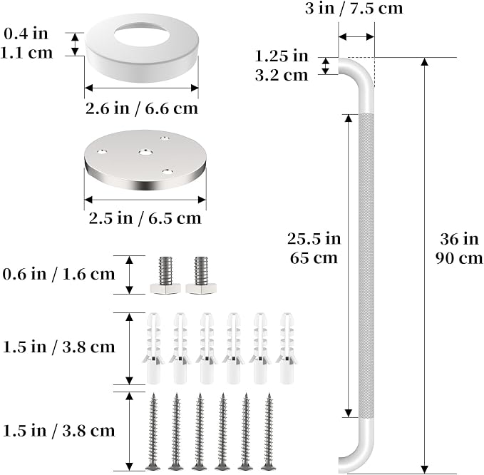 White Shower Grab Bar 36 Inch - 1.25" Diameter, iHansee Bathroom Grab Bar w/Anti-Slip Knurled Grip, Stainless Steel Bath Safety Bars for Senior Elderly, Wall Mounted Toilet Bathtub Balance Handrail