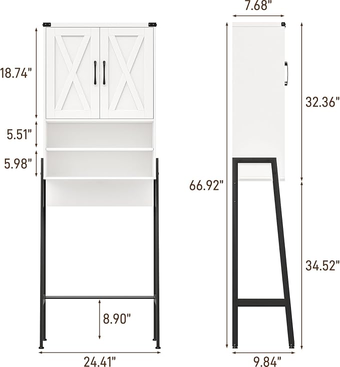 Vabches Over The Toilet Storage Cabinet, Farmhouse Over Toilet Storage Cabinet, Metal Frame with 2 Barn Doors, Home Space-Saving Toilet Rack for Bathroom, Toilet, Laundry Room.
