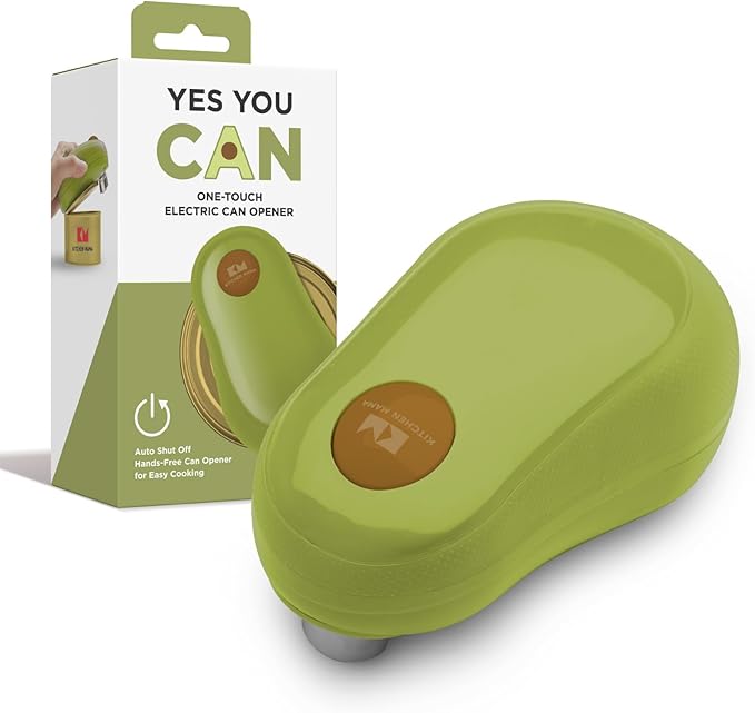 Kitchen Mama One Touch Electric Can Opener: Opens Cans with One Button Press, Auto-Stop, Ergonomic Design, Smooth Edge, Cordless, Food-Safe, Automatic, Hands Free, Battery Operated (Avocado)