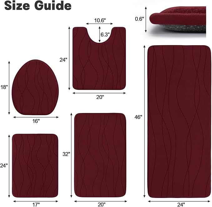 YIHOUSE Memory Foam Bathroom Rug Sets, Dark Red, 5 Piece | Ultra Soft, Absorbent, Non-Slip, Machine Washable