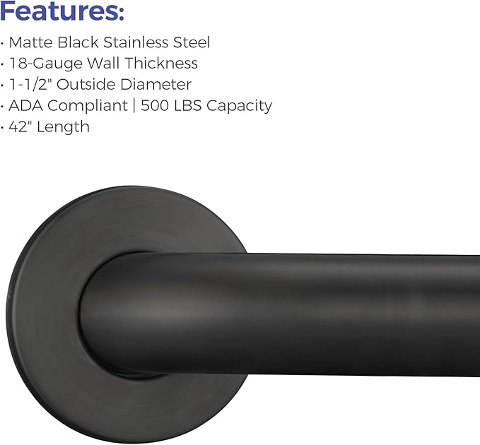 Stardrix 42-Inch ADA Compliant Grab Bar, 1.5" Diameter, Concealed Mounting Flanges, Handicap Friendly, Commercial & Residential Bathrooms, Matte Black Stainless Steel