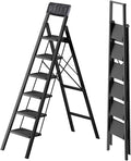 SOLADDER 6 Step Ladder with Handrails, Anti-Slip and Foldable Step Stool with Widen Pedals, Portable Stepladders for Home, Kitchen and Indoor, Space Saving -300lbs (Black)